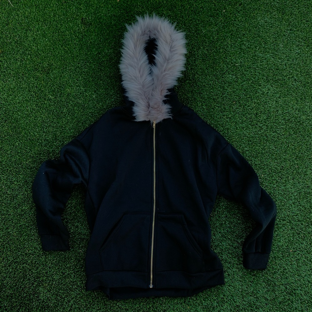 Black Hoodie with Faux Fur Trim